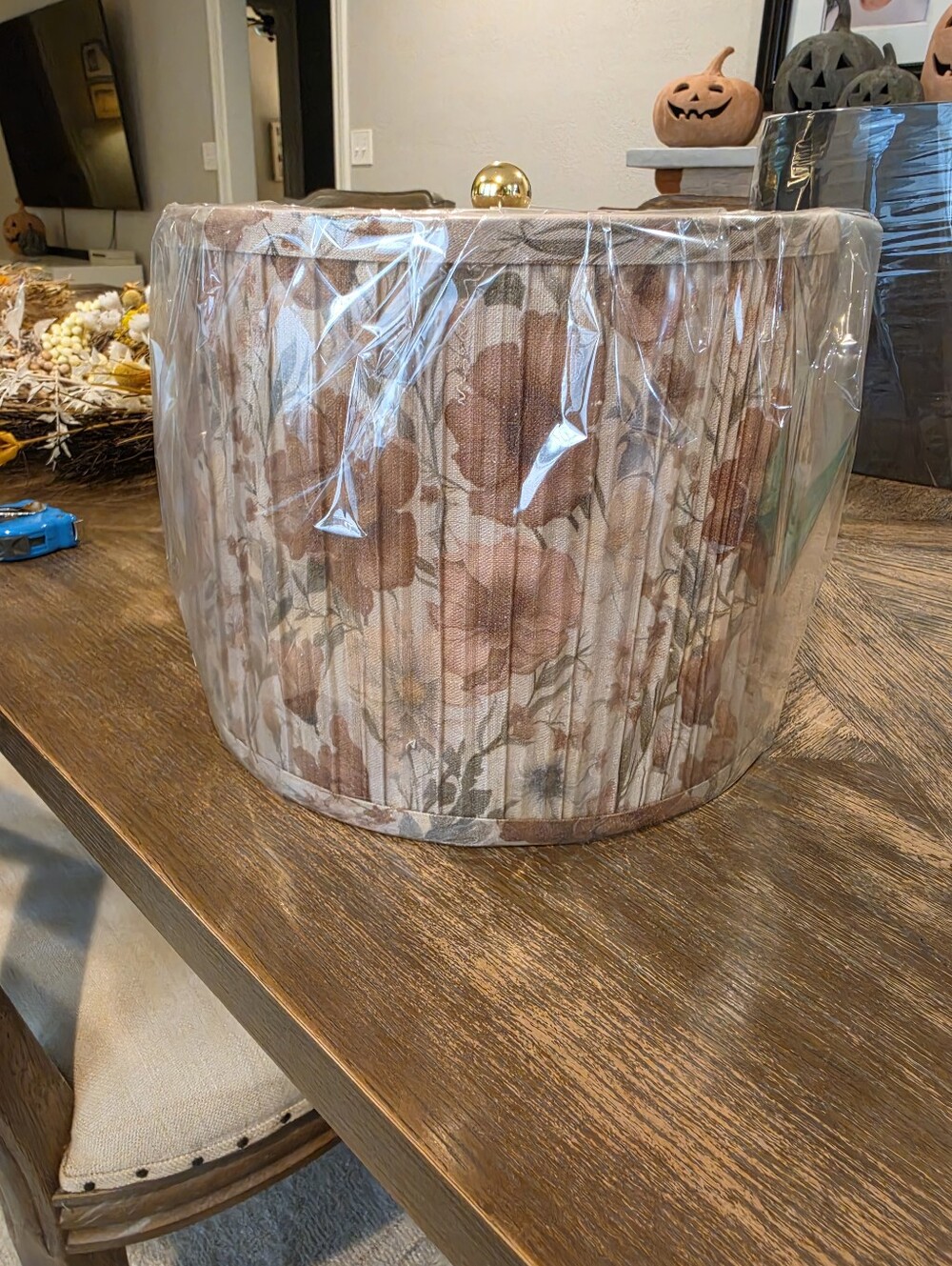 Floral Pleated Drum Lampshade Neutral Brown Beige Cottage Traditional Deco
